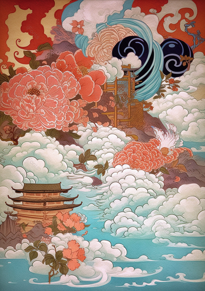 仙气飘飘的天庭宫殿中国风插画背景,插画/手绘图,插画/手绘图库,插画/手绘图下载,插画/手绘